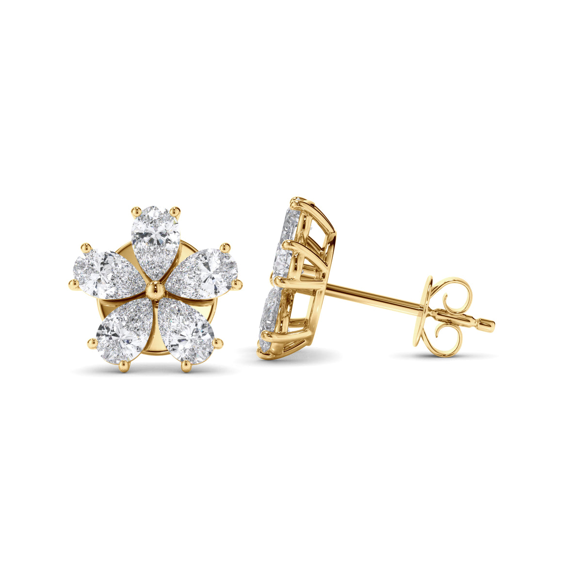 Flower - Pear Cut Diamond 5-Stone Stud Earrings