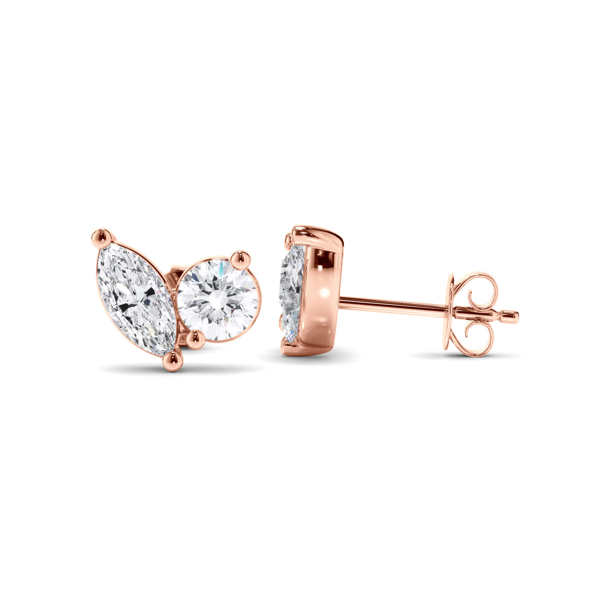 Flora - Marquise & Round Brilliant Cut Diamond Toi et Moi Stud Earrings