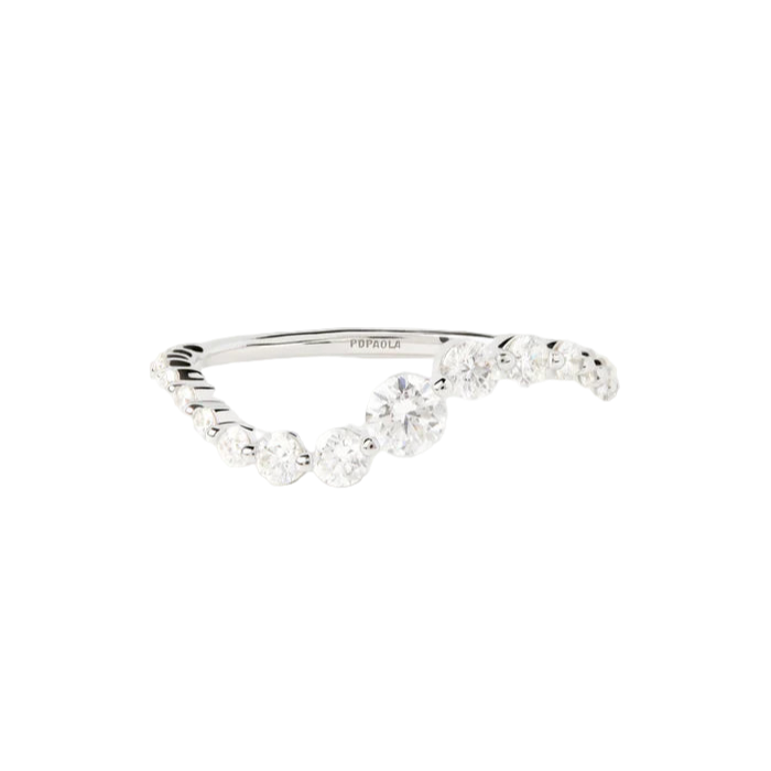 Silver ring with small diamonds on a white background