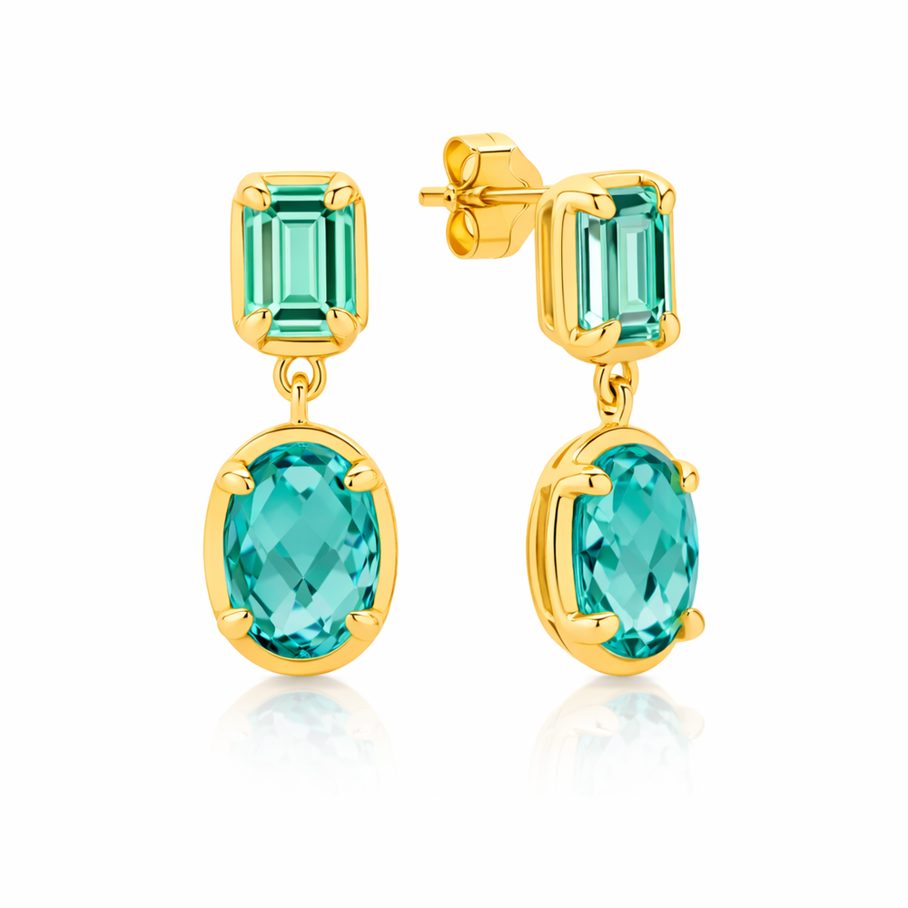 Miriam 9ct Yellow Gold Emerald Cut & Faceted Oval Green Quartz Drop Earrings