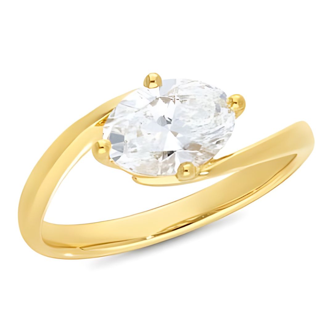 Gold ring with a clear gemstone on a white background