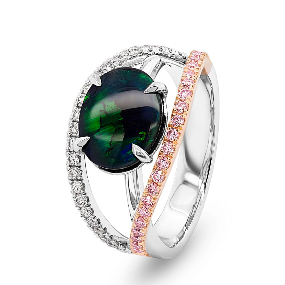 18ct White Gold Black Opal Pink Diamond Ring