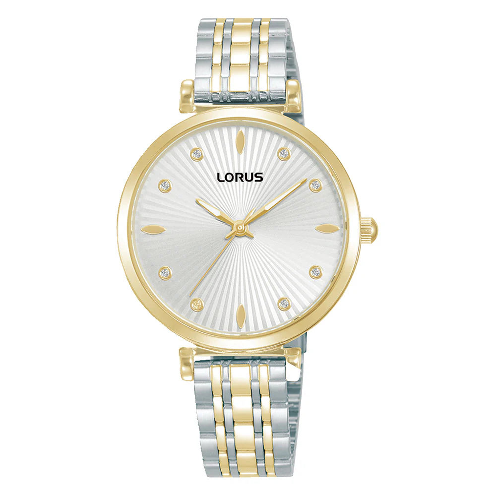 Lorus Radiant Crystal Dial Two Tone Silver Gold Ladies Dress Watch