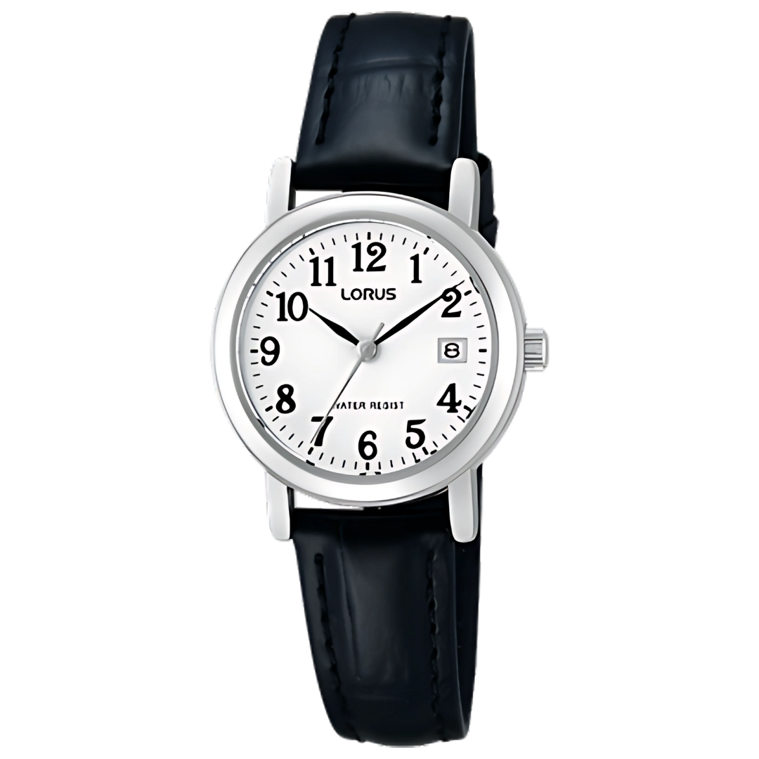 Lorus White Face Black Leather Strap Dress Watch