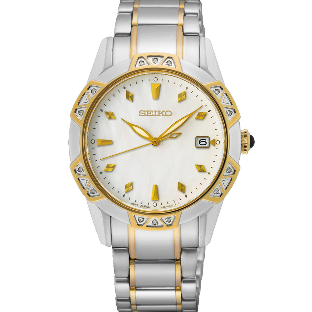 Seiko Two Tone Silver Gold Diamond Set Ladies Dress Watch