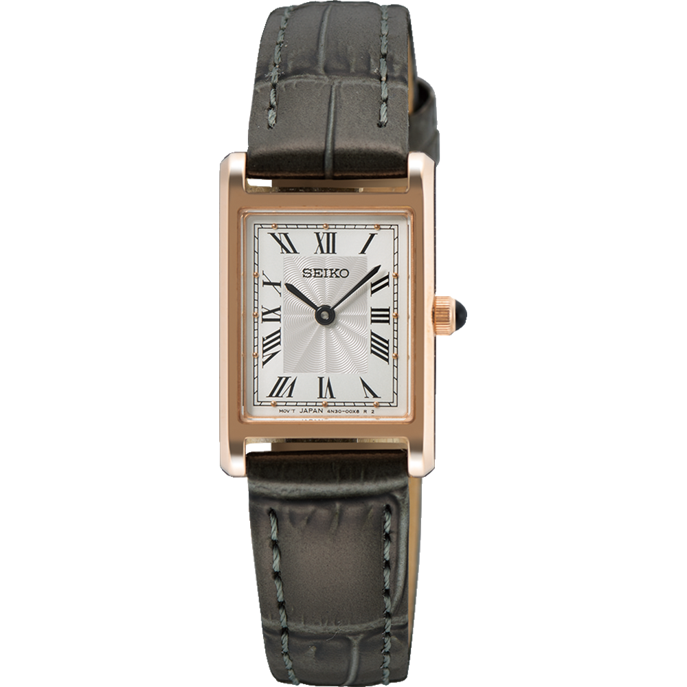 Seiko Ladies Square Face Rose Gold Leather Strap Dress Watch