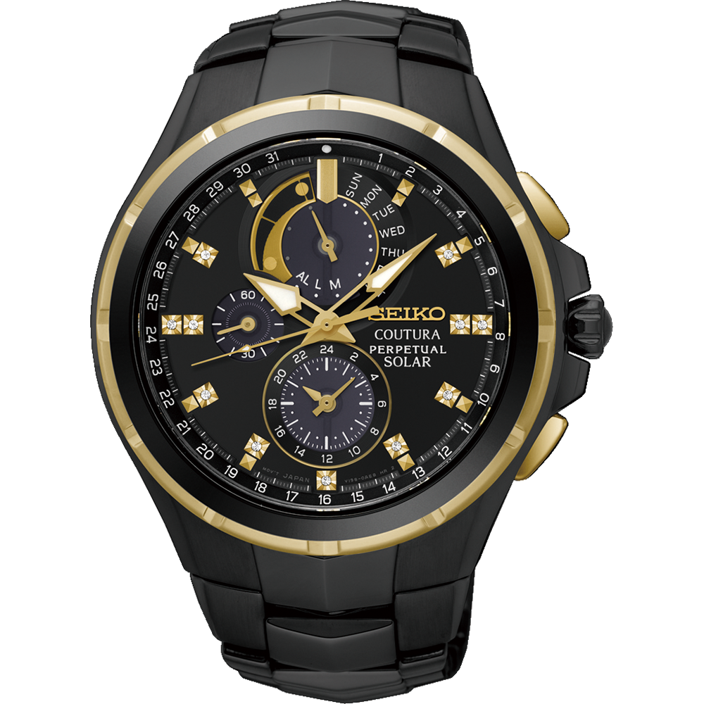 Seiko Coutura Perpetual Chronograph Black & Gold Solar Diamond Set Watch