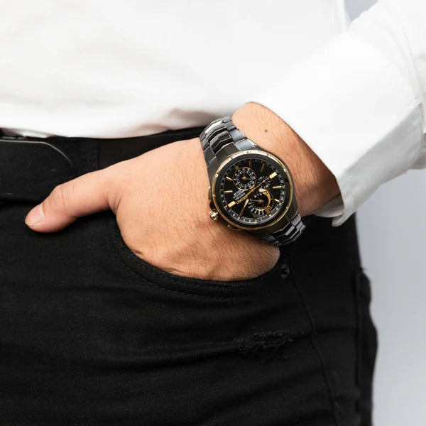 Seiko Coutura Perpetual Chronograph Black & Gold Solar Diamond Set Watch
