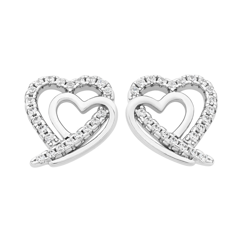 Sterling Silver Double Heart Cubic Zirconia Earrings