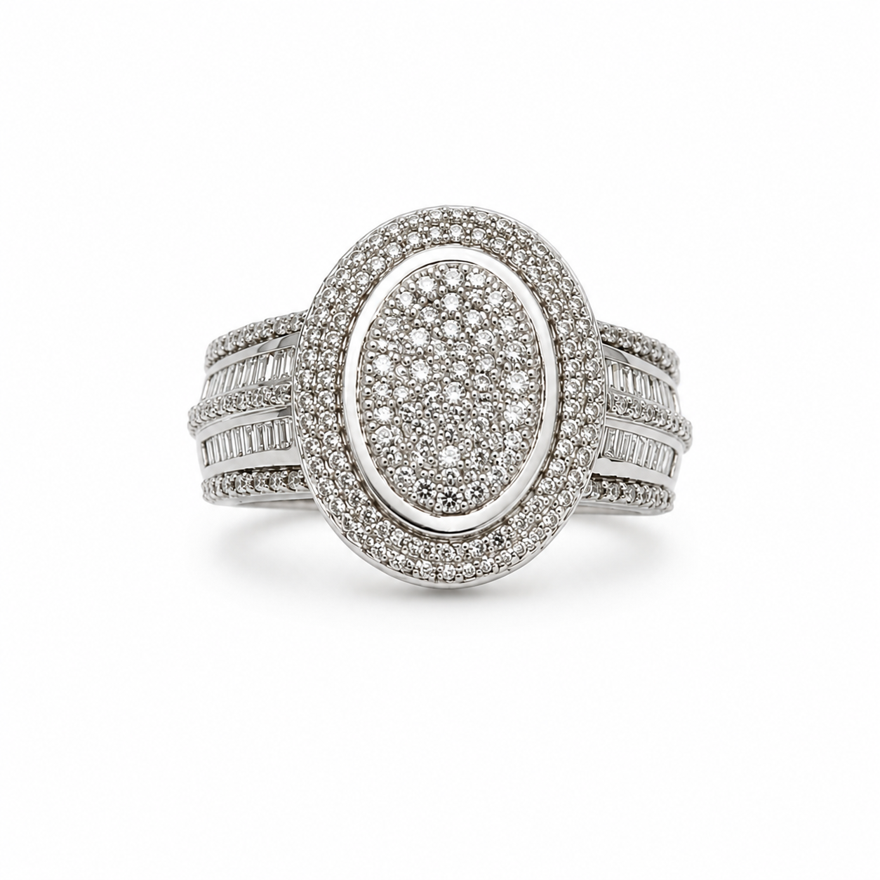 Silver ring with diamond accents on a white background
