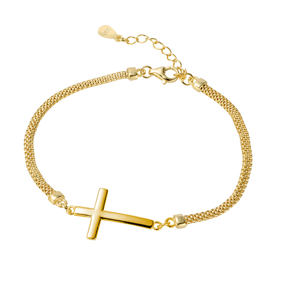 14ct Gold Plated Mesh Chain Cross Bracelet