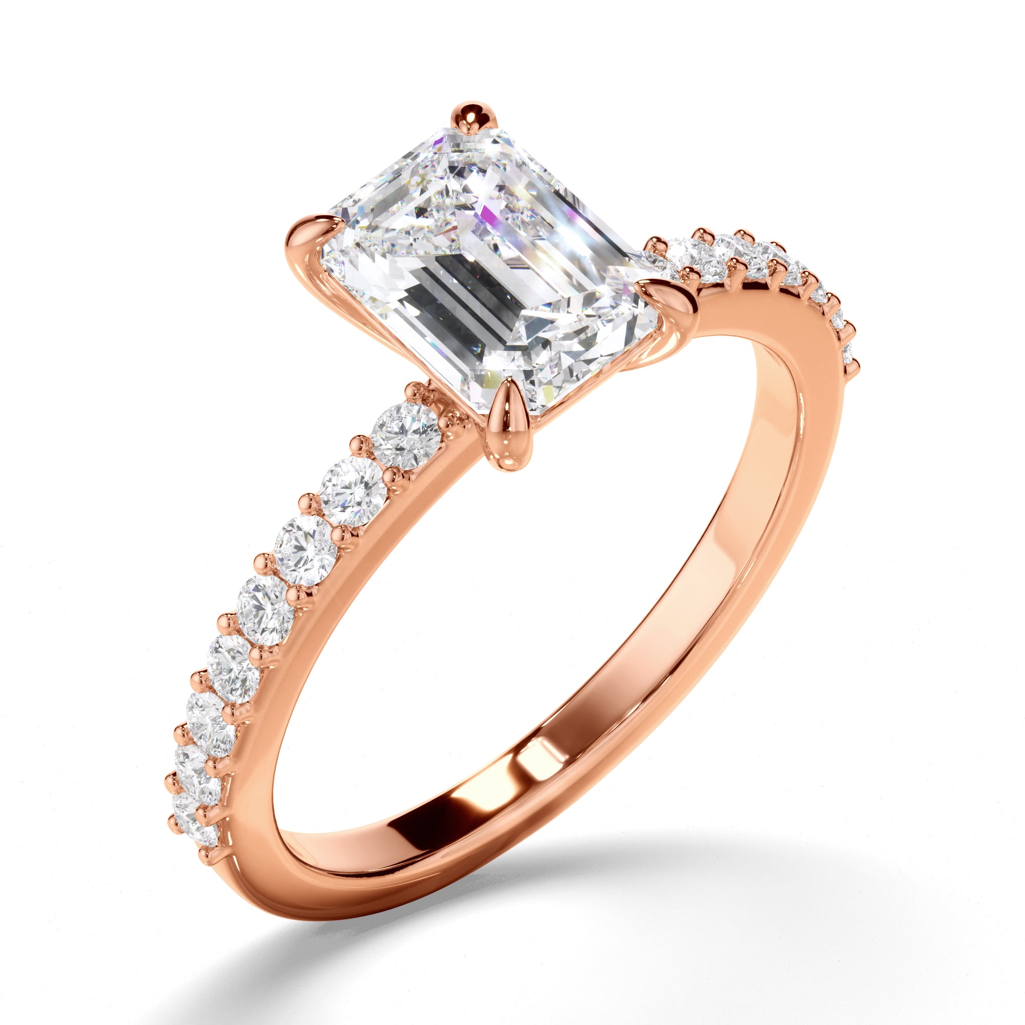 Rose gold ring with a large diamond and smaller diamonds on the band against a white background