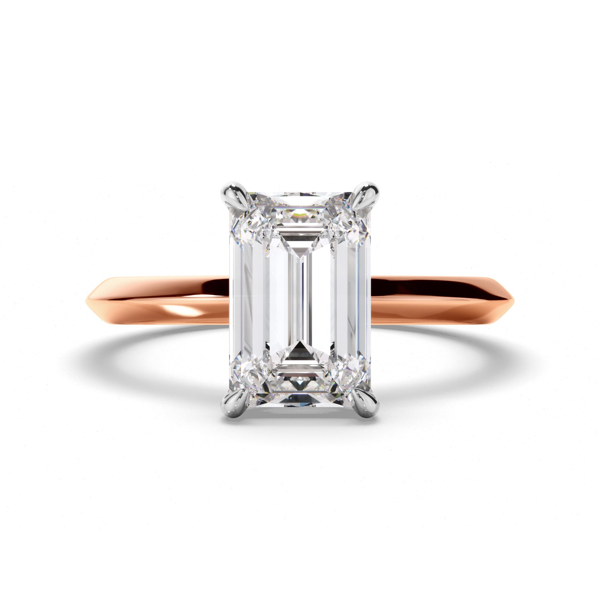 Rose gold ring with a large diamond on a white background