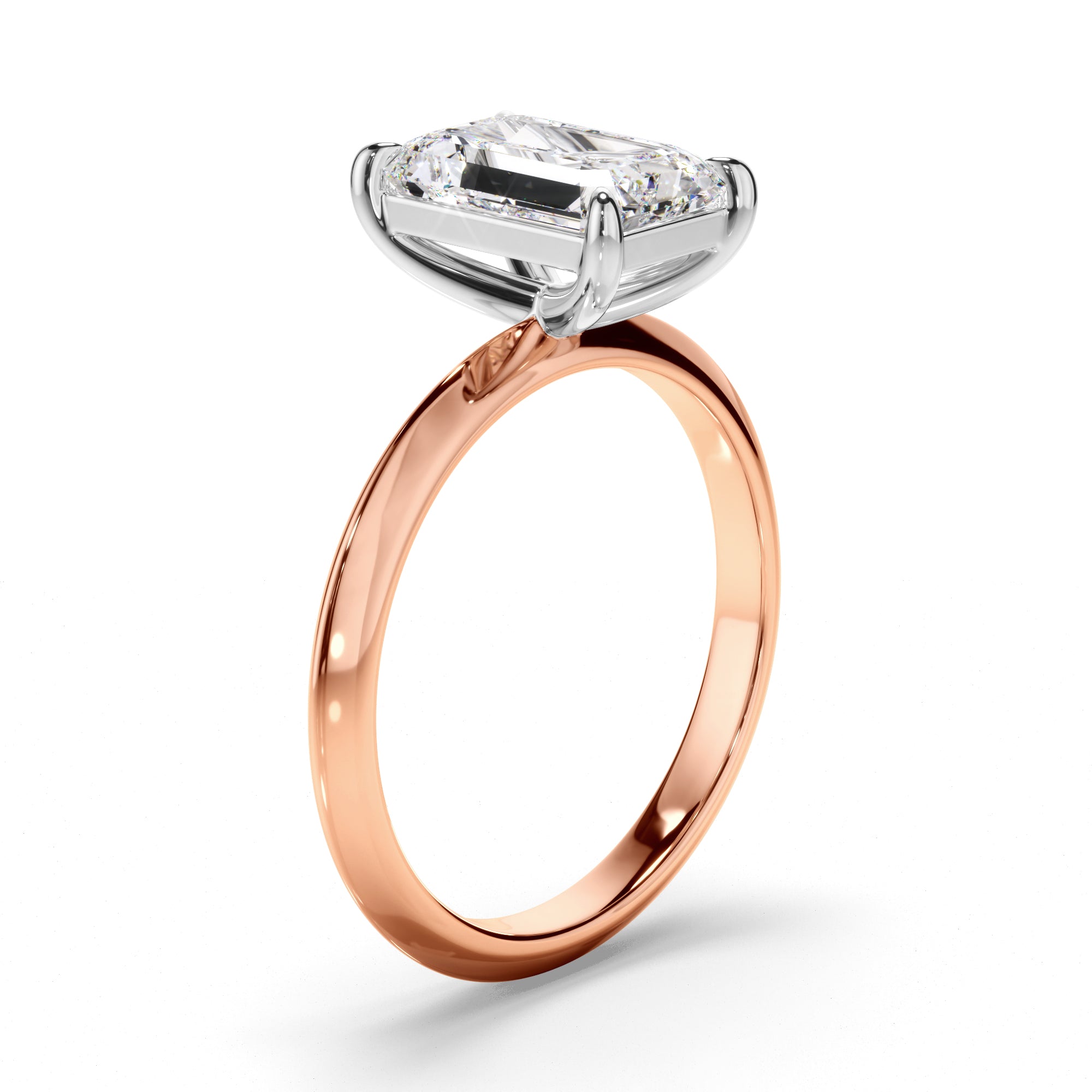 Rose gold ring with a large diamond on a white background