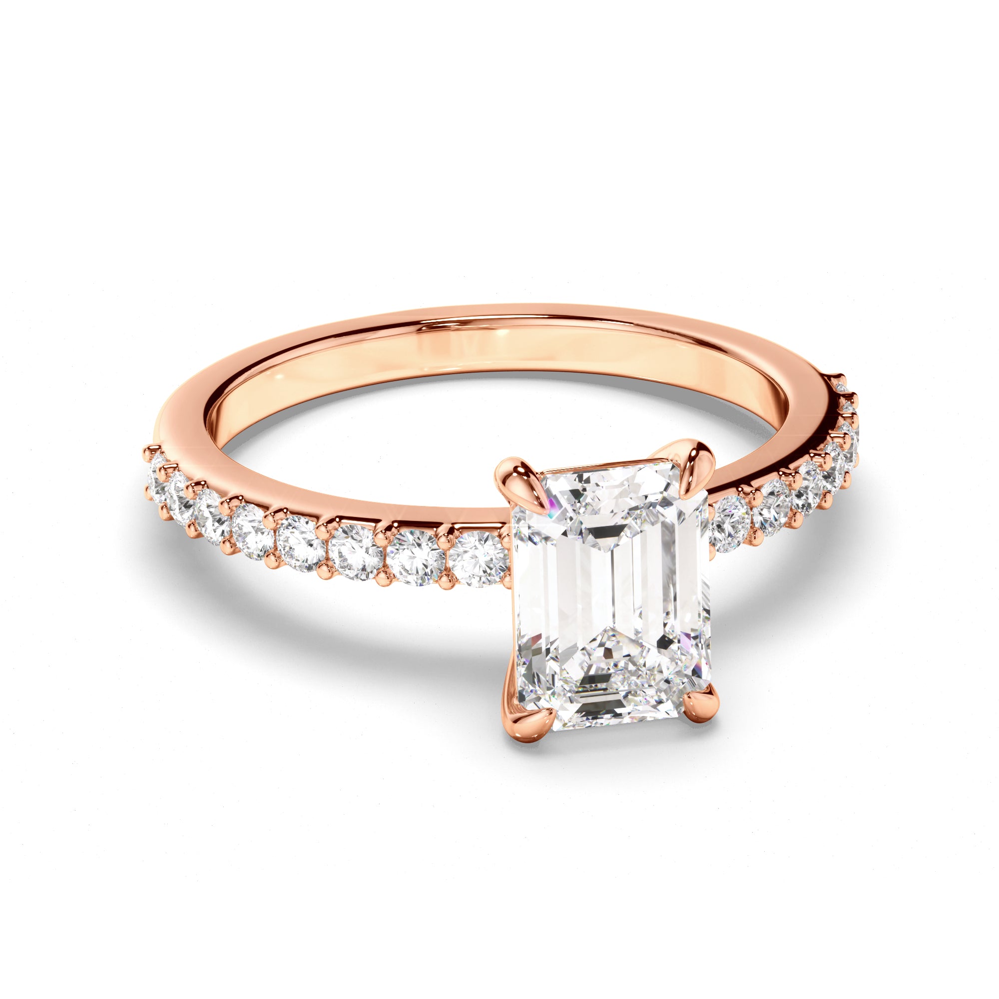 Rose gold ring with a diamond on a white background