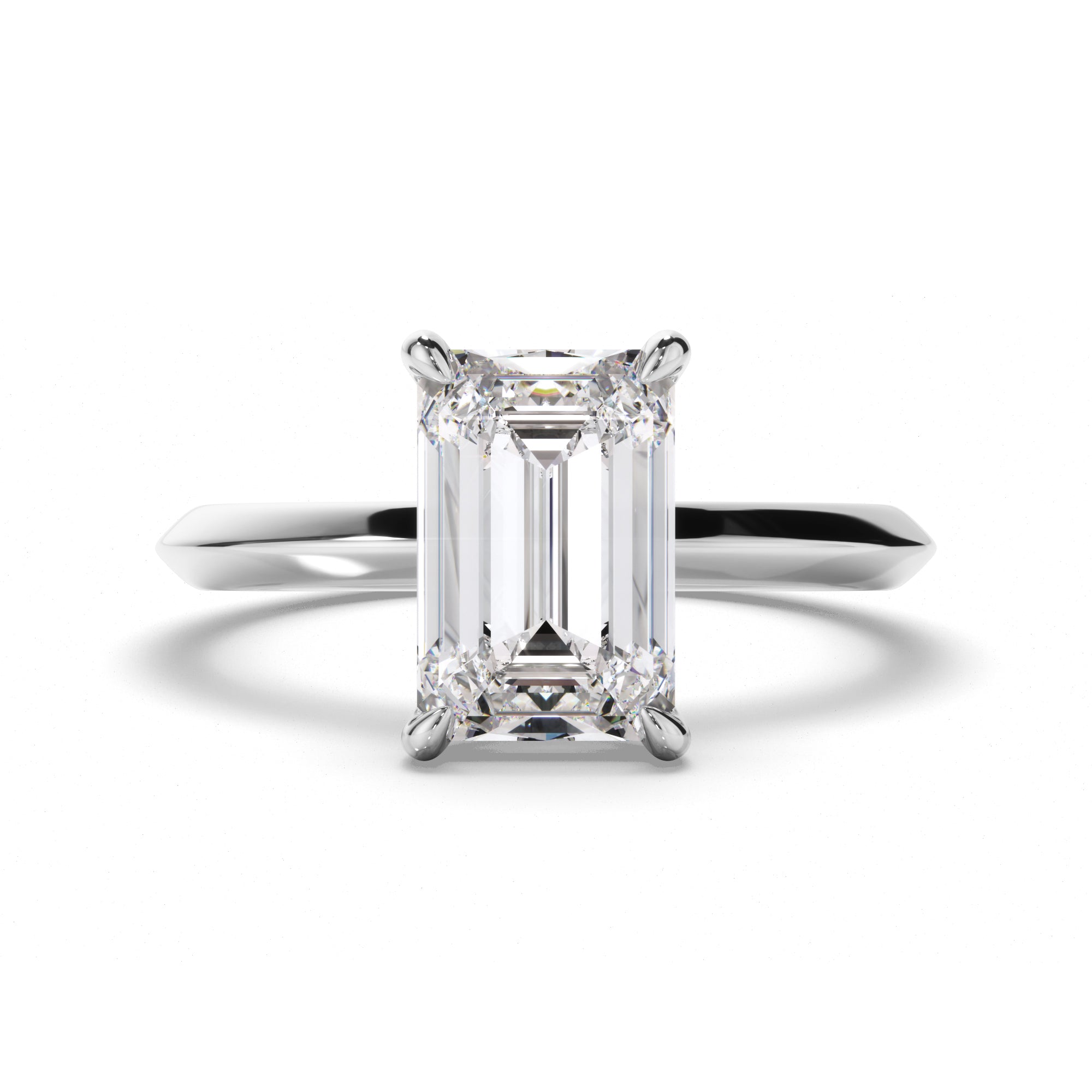 Diamond ring with emerald-cut diamond stone on a white background