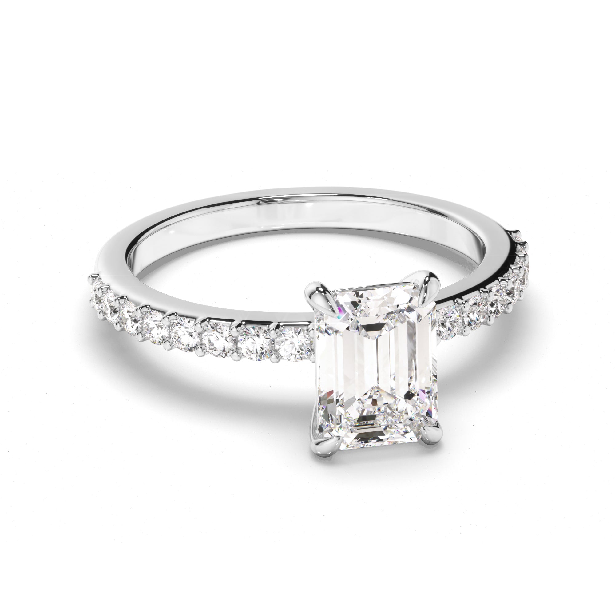 Diamond ring with a central emerald-cut diamond and smaller round diamonds on a white background