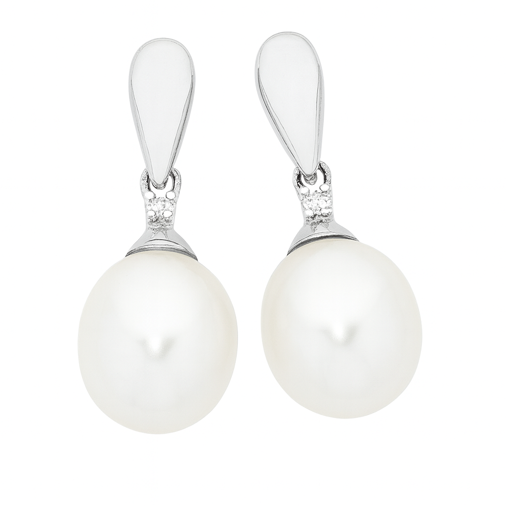 Pearl earrings with silver and diamond accents on a white background