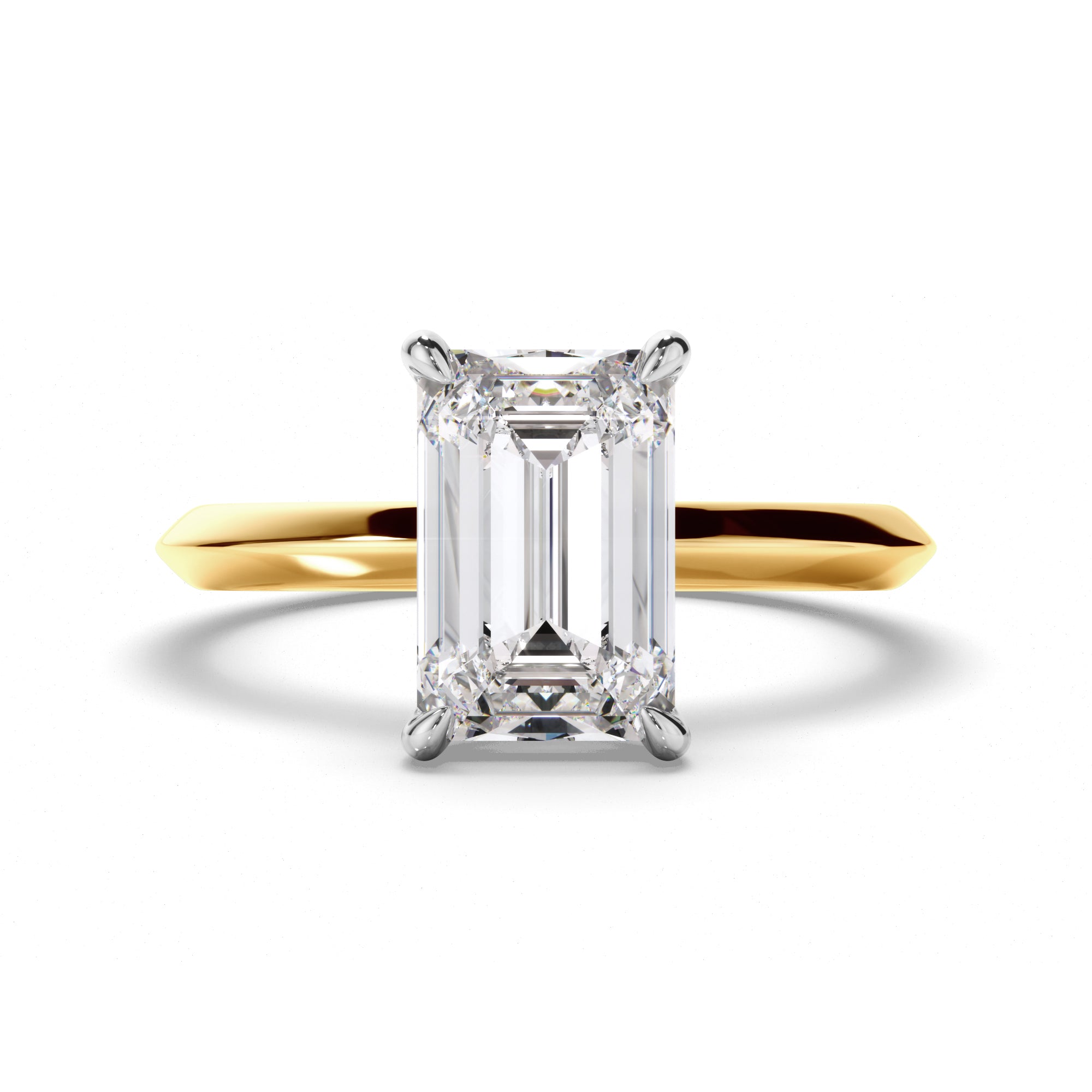 Gold ring with a large diamond on a white background